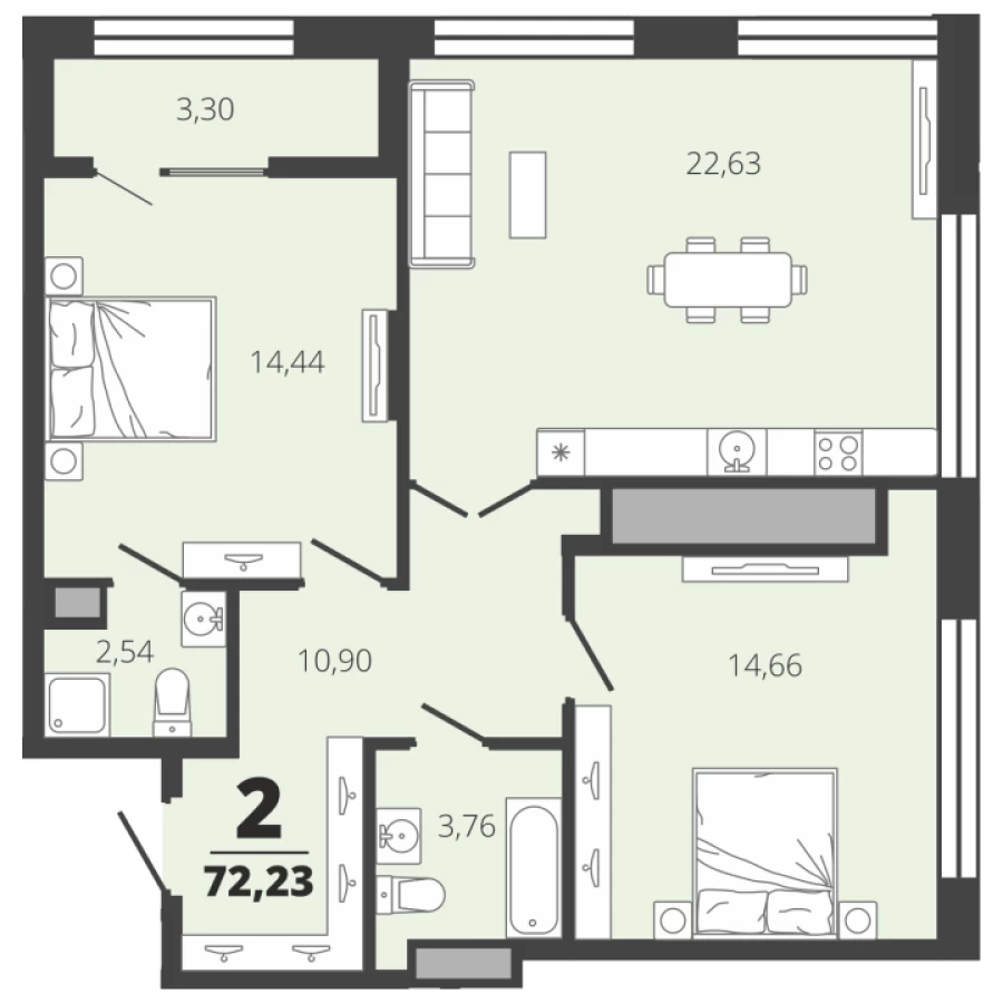 Квартиры Рязань, новостройки, купить двухкомнатные апартаменты в Центре в ЖК Вега 72,23 кв. м. 2 этаж, 3 секция